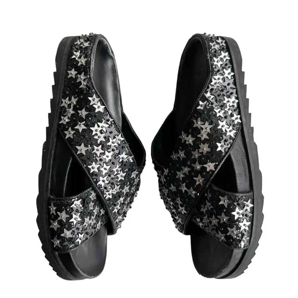 ASH Uranus Star Sequin Embellished Crisscross Slide Sandal Size 35 US 5/6
